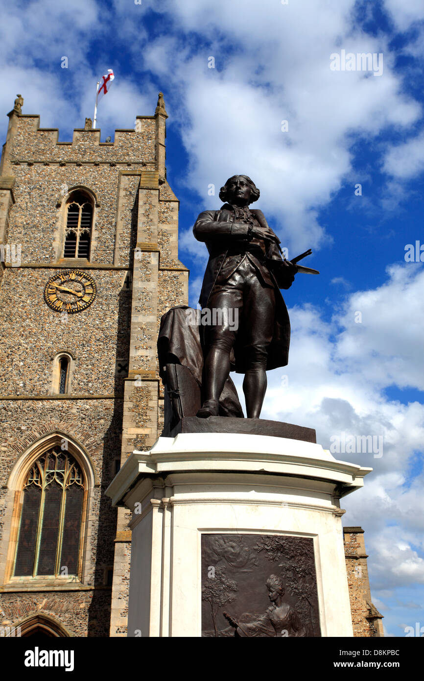 Statue of Suffolk artist Thomas Gainsborough and St Peters church, Market Hill, Sudbury, Suffolk County, England, Britain Stock Photo