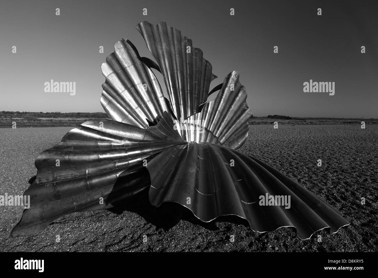 The Scallop shell sculpture by Maggie Hambling, on the beach, Aldeburgh town, Suffolk County, East Anglia, England. Stock Photo
