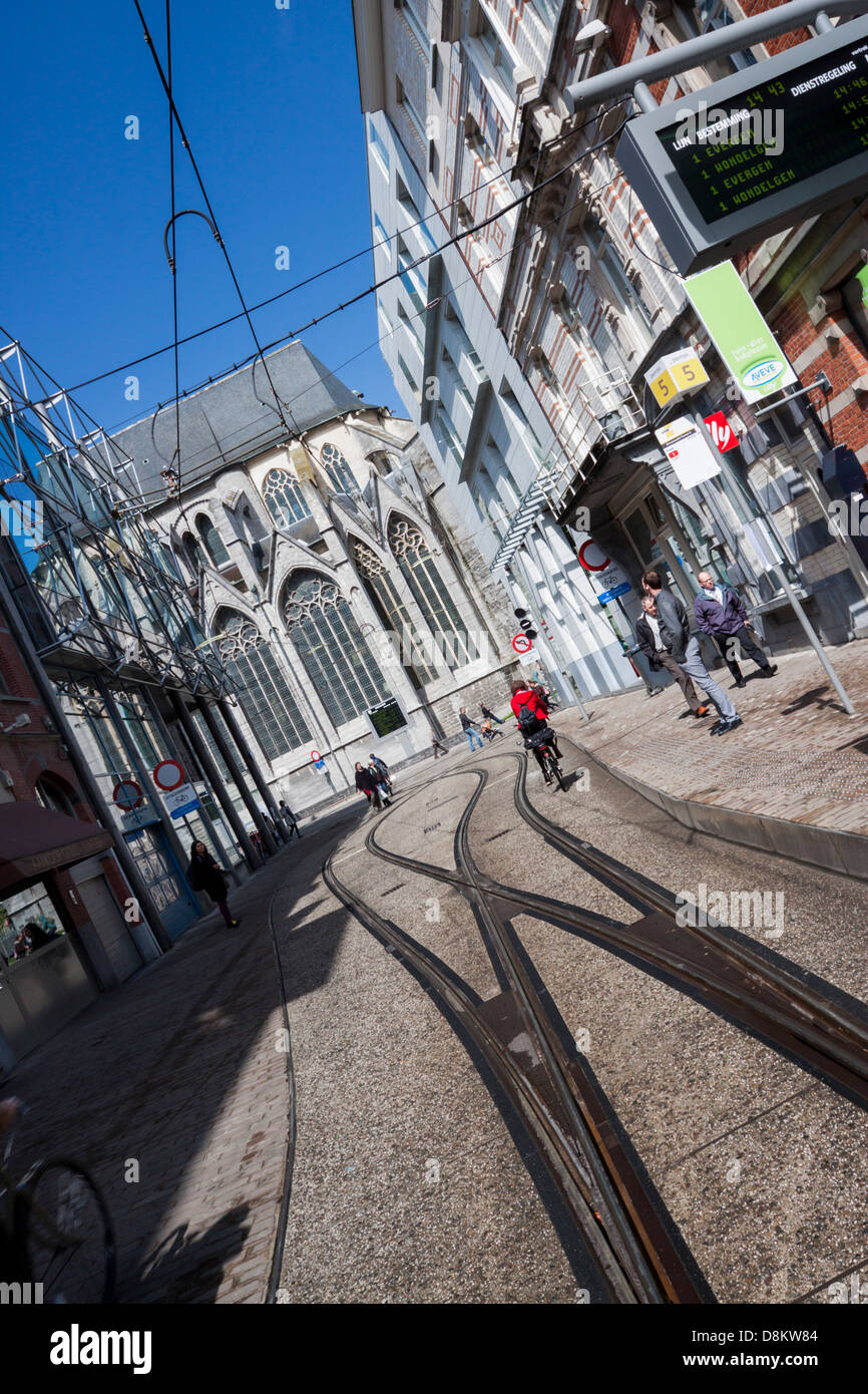 Focus on rail with background of Saint Bavo Cathedral. Ghent, Belgium Stock Photo