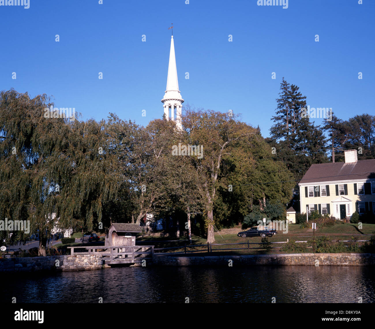 Riverside with church a spire to the rear, Cape Cod, Sandwich, Maine ...