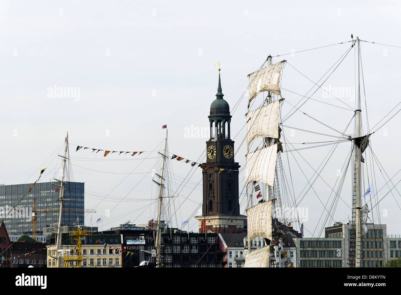 Mast of a sailing ship in front of St. Michaelis church, Hamburg, Germany Stock Photo