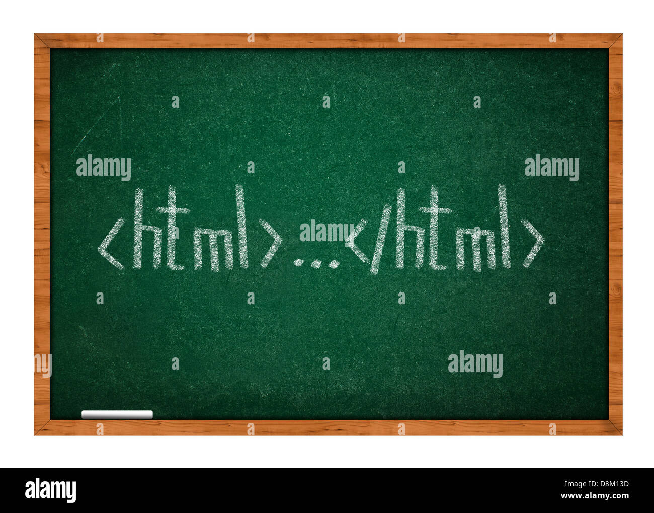 First lesson in html on green chalkboard with wooden frame. Stock Photo