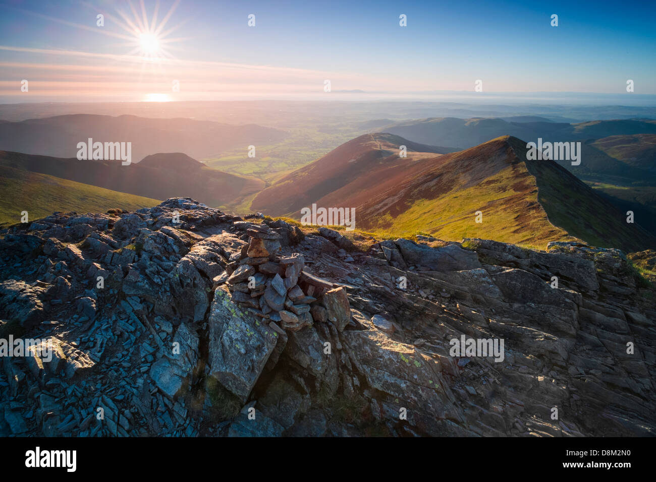 Looking towards Ladyside Pike and Hope Gill from the summit of Hopegill Head at sunset in the Lake District Stock Photo