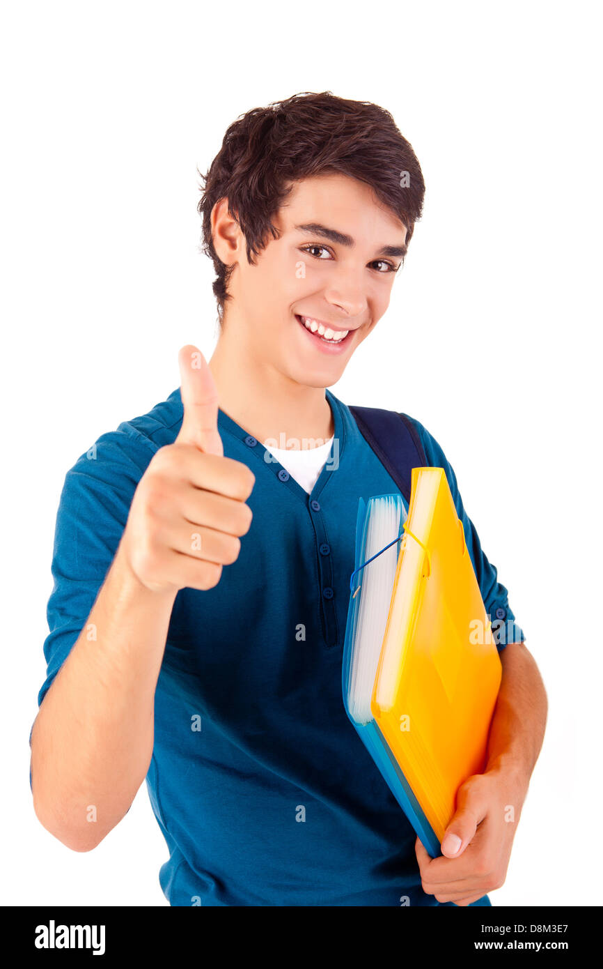 Young happy student showing thumbs up over white background Stock Photo