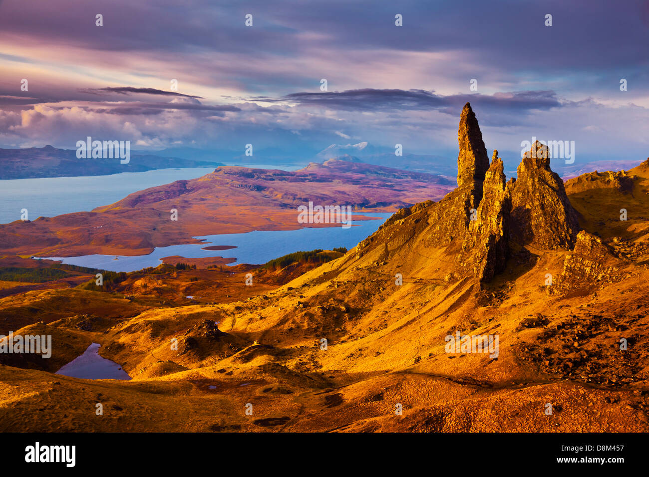 Isle of Skye The Old Man of Storr at dawn sunrise Trotternish peninsula Isle of Skye Highlands and Islands Scotland UK GB EU Europe Stock Photo