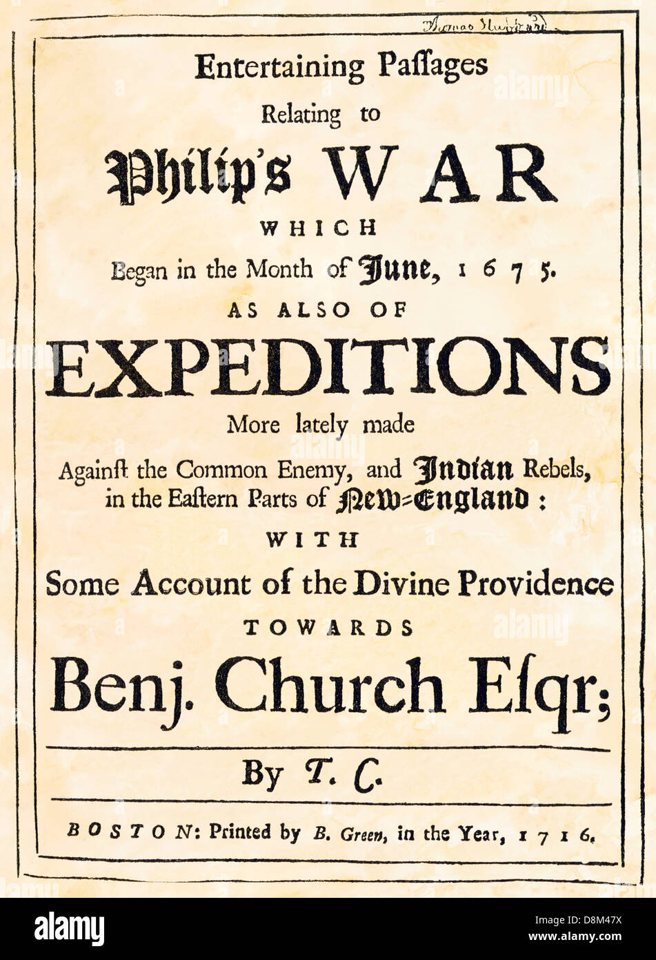Title page of contemporary account of King Philip's War, printed 1716 in Boston. Woodcut with a watercolor wash Stock Photo
