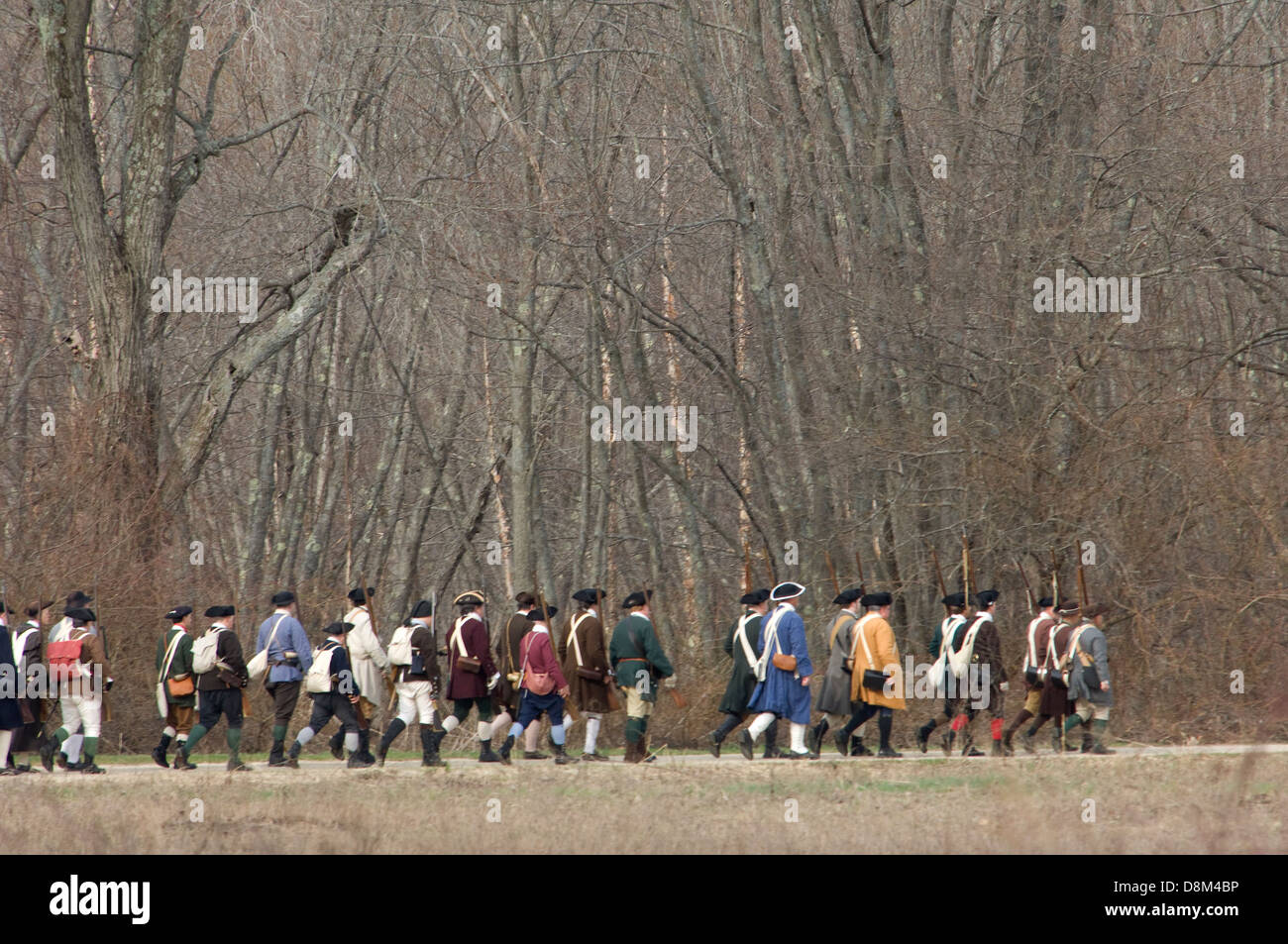 Minutemen reenactors marching to battle the British at the Battle of Concord, Minuteman National Historical Park, Concord MA.  Digital photograph Stock Photo