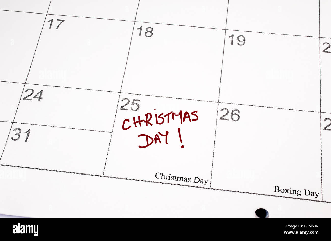 Calendar page showing Christmas Day written in the date space Stock