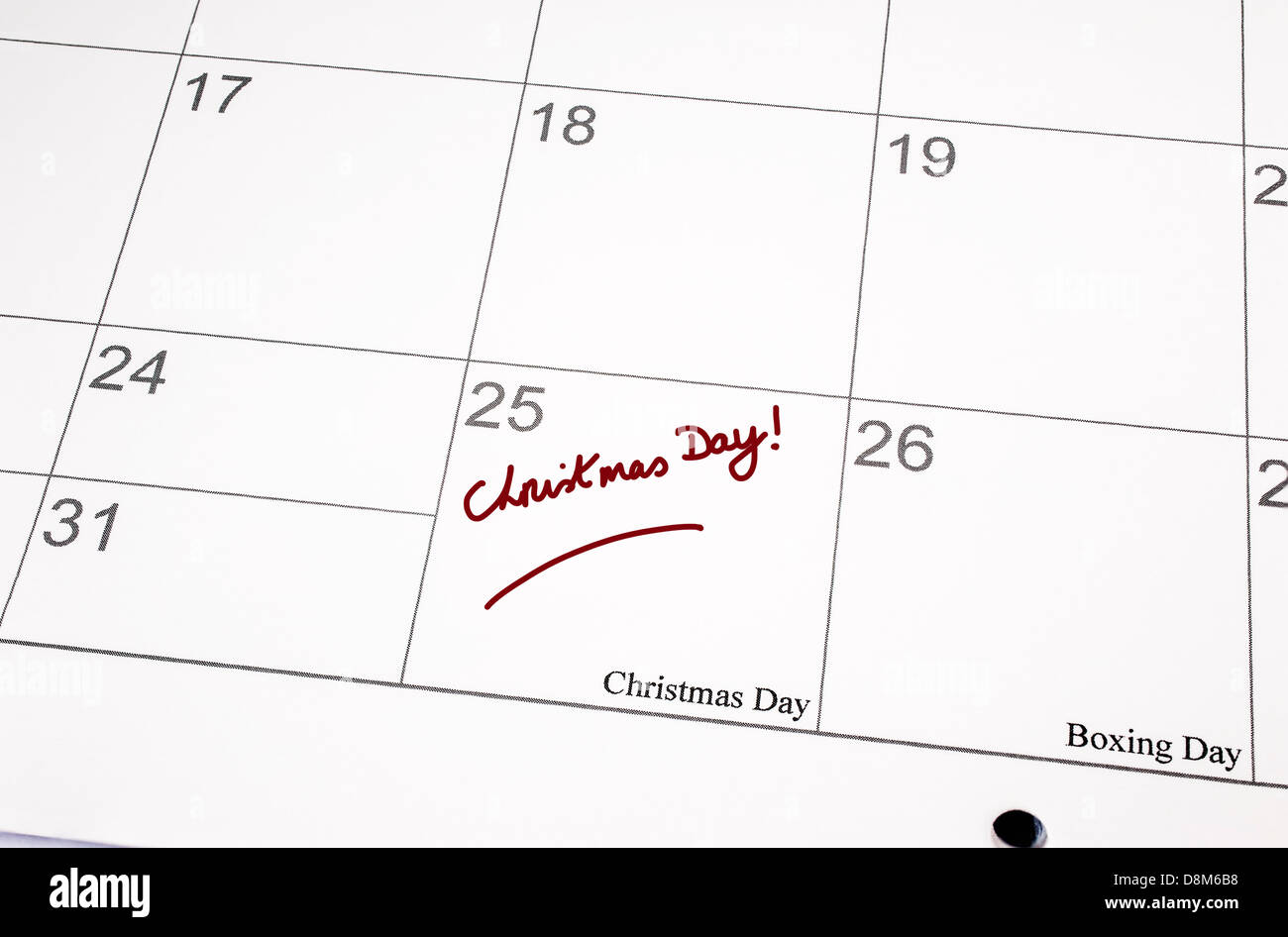 Calendar page showing Christmas Day written in the date space Stock Photo