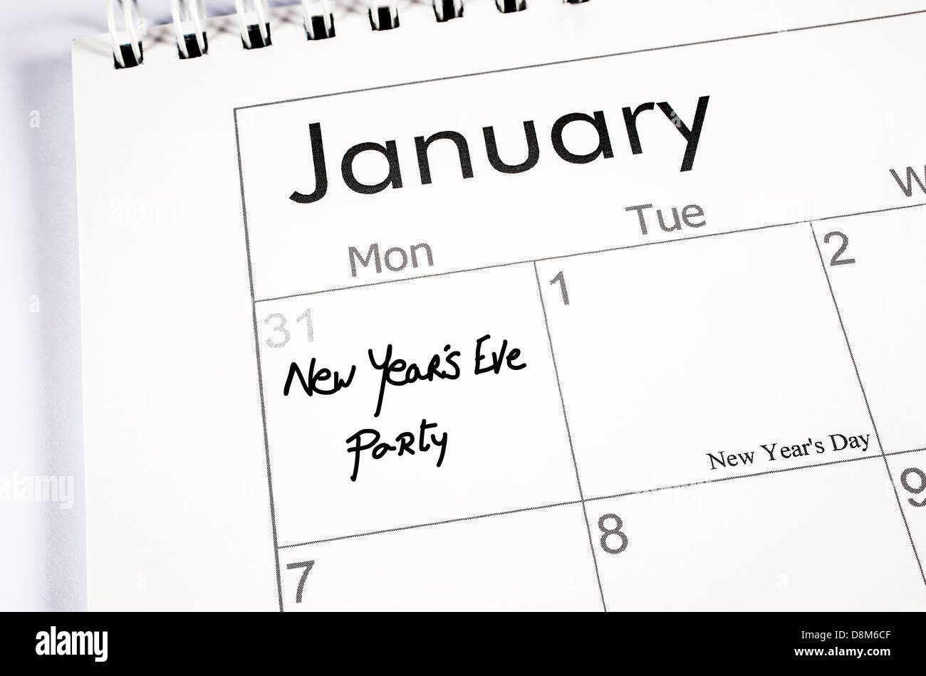 Calendar page with New Year's Eve noted with the word New Year's Eve Party written in the date space Stock Photo