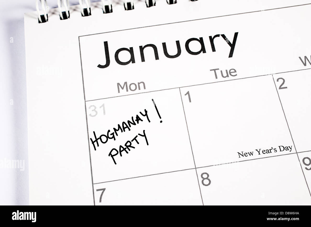 Calendar page with New Year's Eve noted with the words Hogmanay party written in the date space Stock Photo