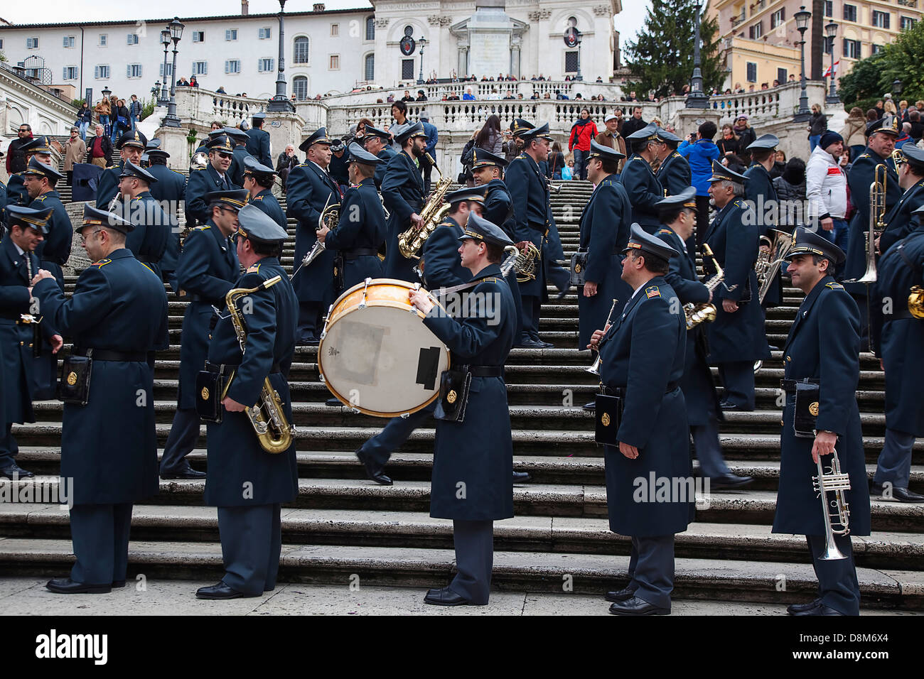 Italy, Lazio, Rome, Military Brass band playing on the Spanish Steps during Sunday. Stock Photo
