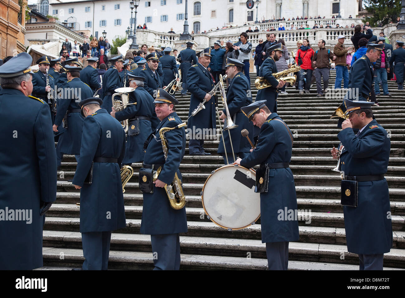 Italy, Lazio, Rome, Military Brass band playing on the Spanish Steps during Sunday. Stock Photo