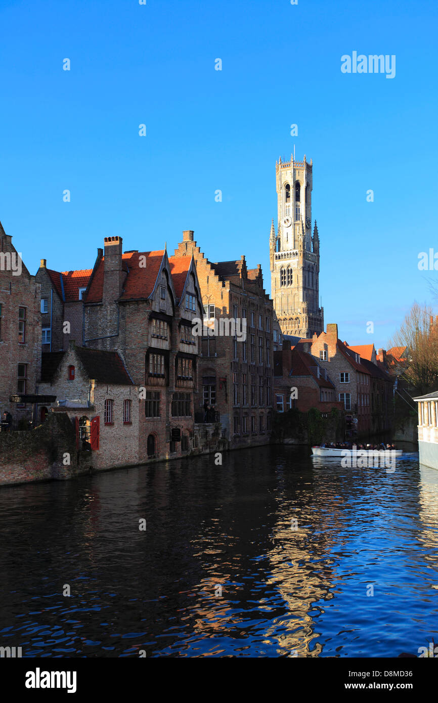 River Dijver and the Belfort, Rozenhoedkaai area, Bruges City, West Flanders in the Flemish Region of Belgium. Stock Photo
