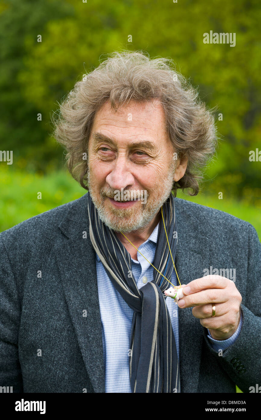 Howard Jacobson with novelty pig that his wife bought him as a present for winning the 2013 Bollinger Everyman Wodehouse Prize for Comic Fiction for his novel 'Zoo Time' pictured at Hay Festival 2013 Hay on Wye Powys Wales UK Stock Photo