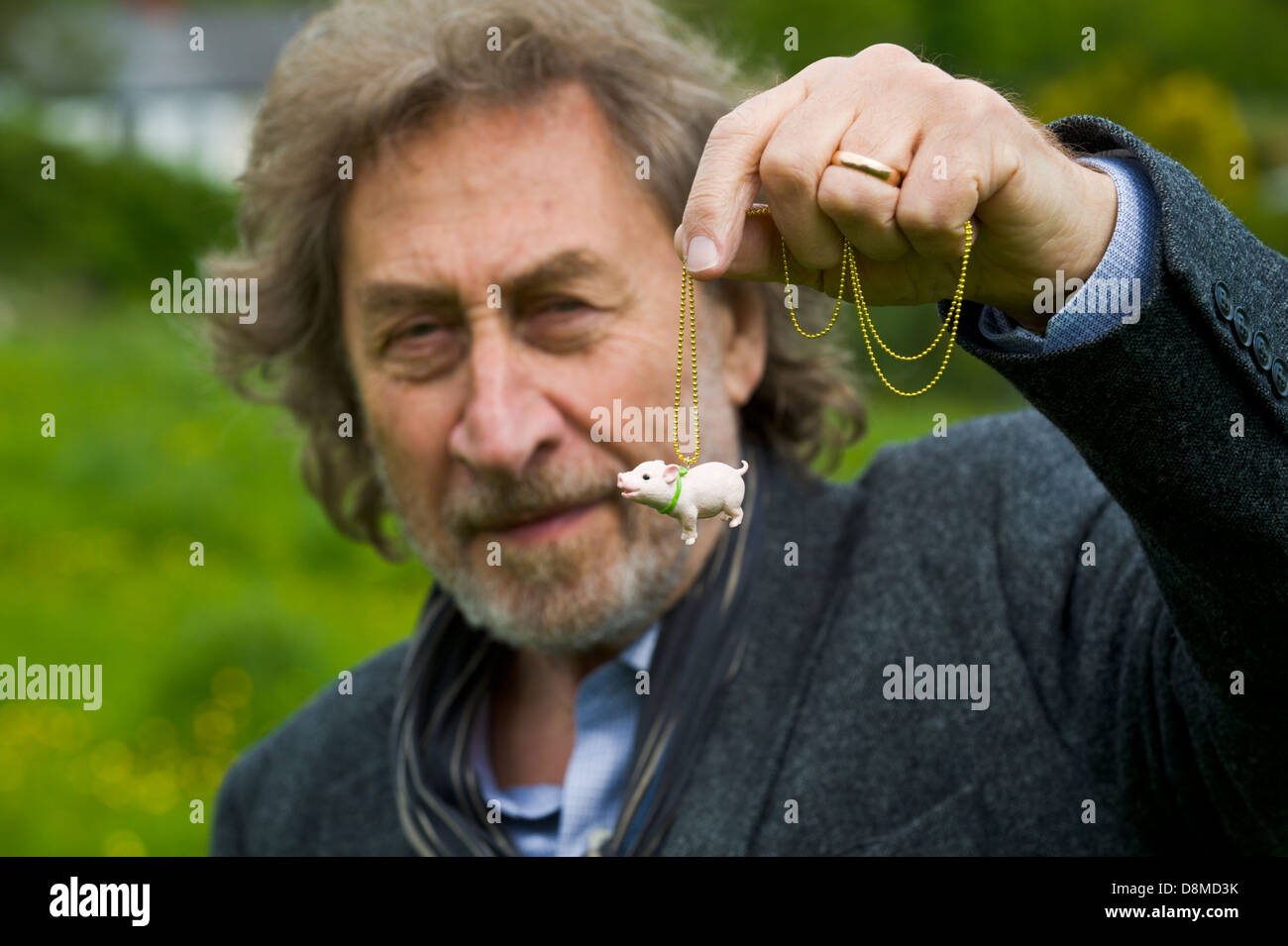 Howard Jacobson with novelty pig that his wife bought him as a present for winning the 2013 Bollinger Everyman Wodehouse Prize for Comic Fiction for his novel 'Zoo Time' pictured at Hay Festival 2013 Hay on Wye Powys Wales UK Stock Photo