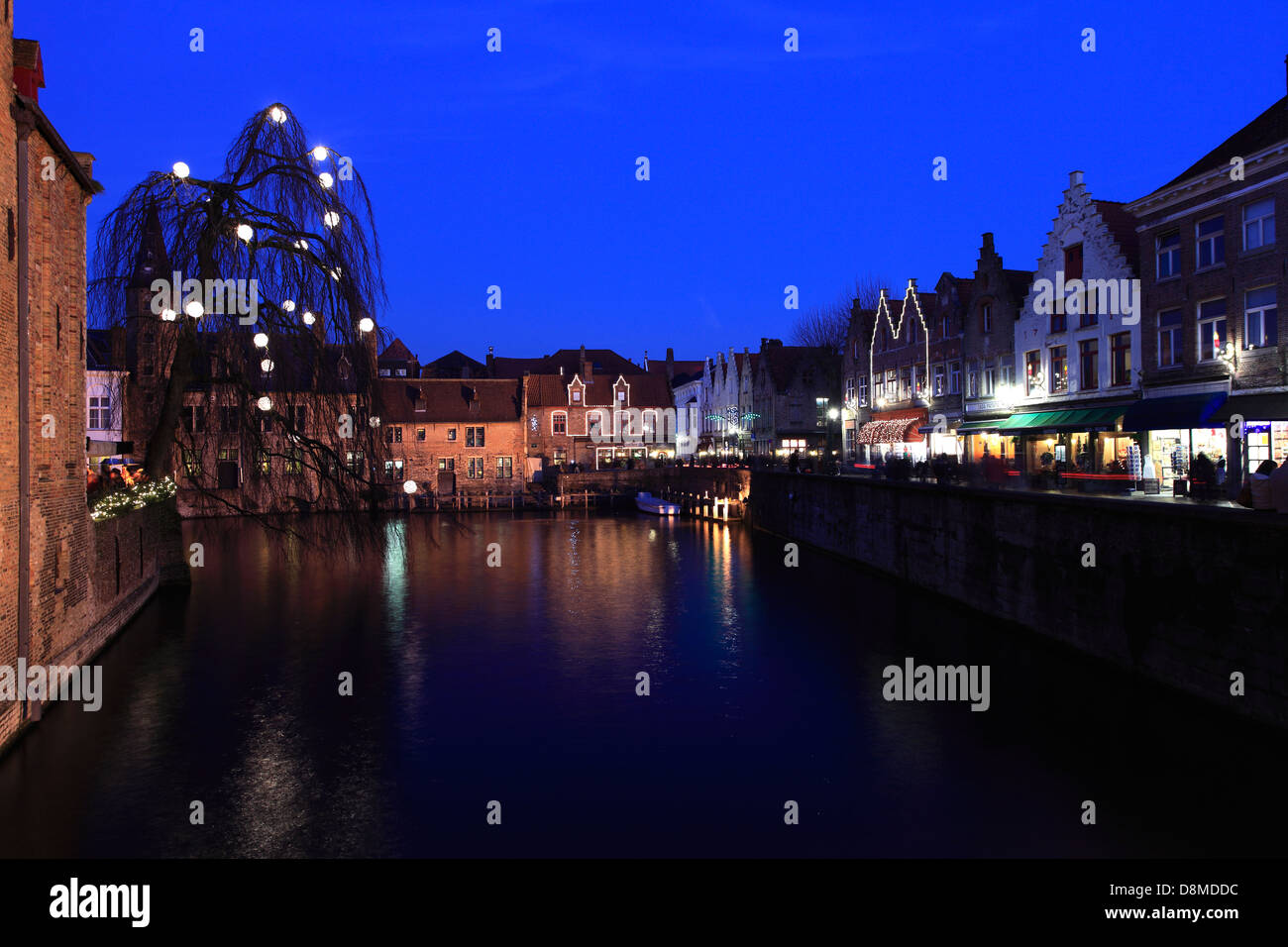 River Dijver, Rozenhoedkaai area at night, Christmas time, Bruges City, West Flanders in the Flemish Region of Belgium. Bruges C Stock Photo