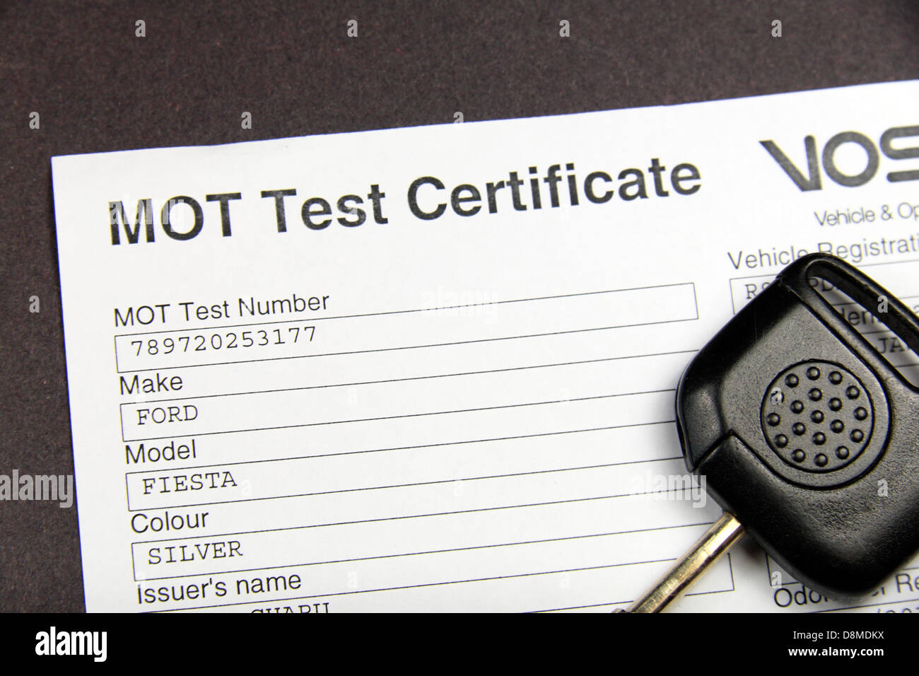 A British MOT Test certificate as issued by the VOSA (Vehicle & Operator Services Agency) in May 2013. Stock Photo