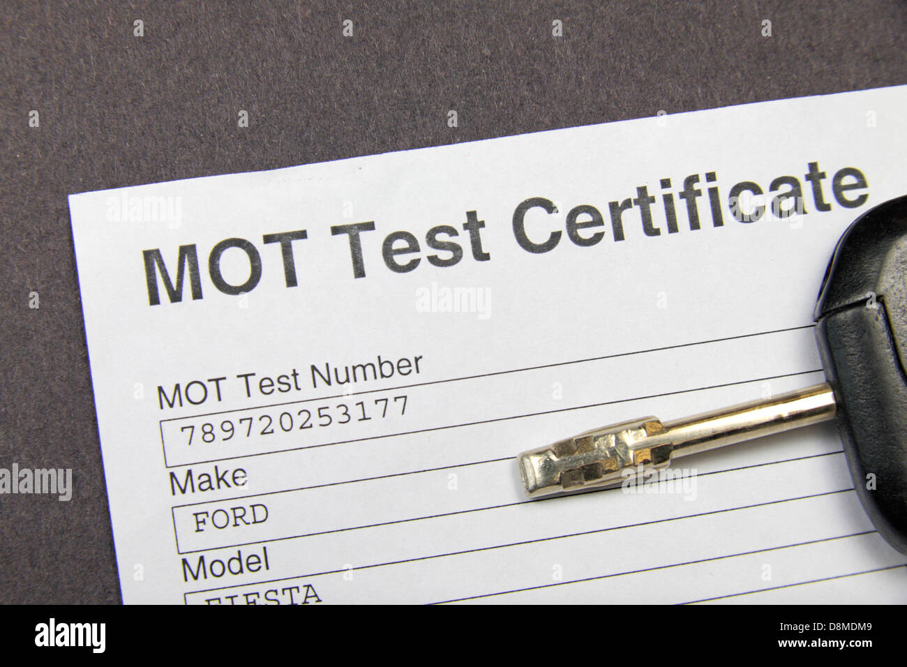 A British MOT Test certificate as issued by the VOSA (Vehicle & Operator Services Agency) in May 2013. Stock Photo