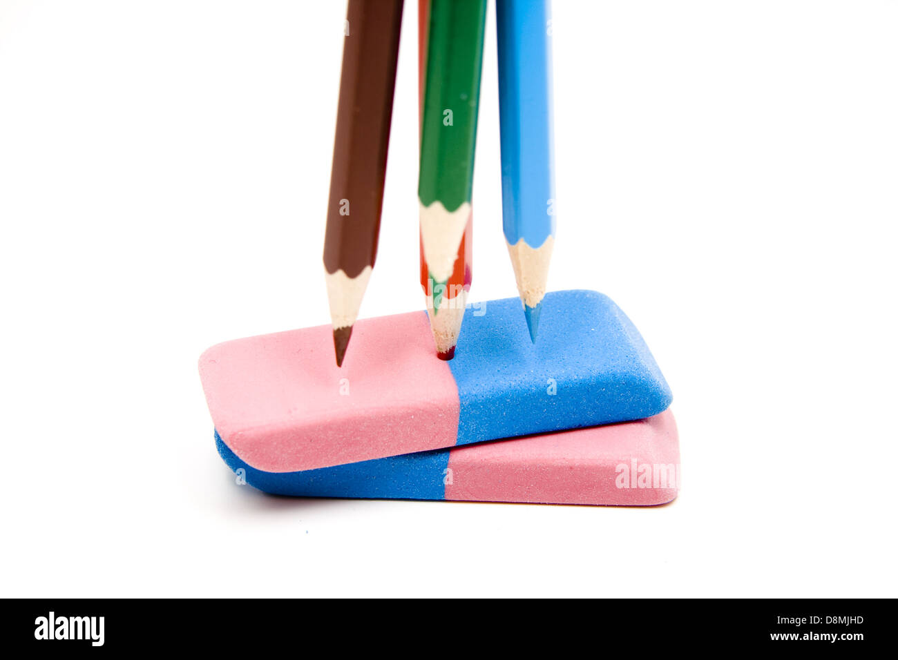Colored pencils with eraser Stock Photo