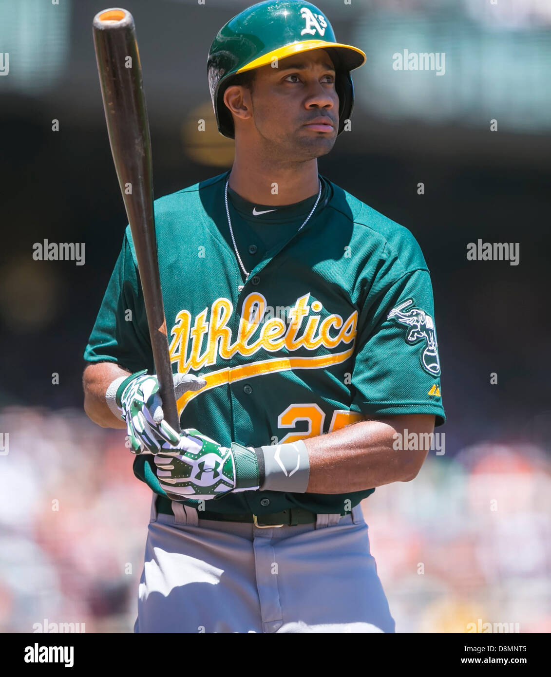 San Francisco, USA. 30th May 2013. Oakland Athletics center fielder Chris Young (25) in action during the MLB baseball game between the Oakland A's and the San Francisco Giants at AT&T Park in San Francisco CA. The Giants defeated the A's 5-2. Credit:  Cal Sport Media/Alamy Live News Stock Photo