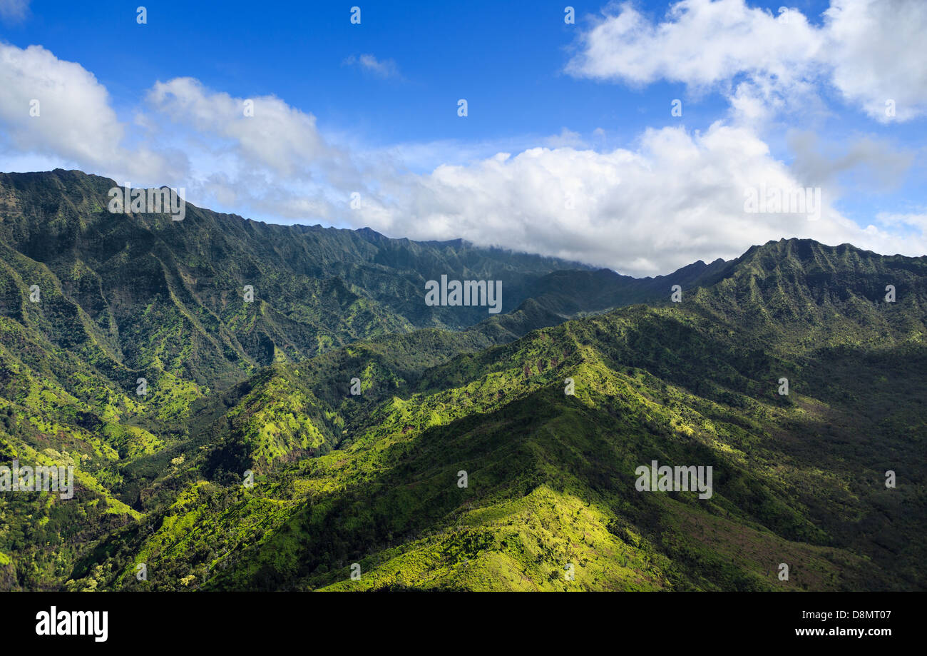 Beautiful Green Valley and Mountains from the air in Kauai Stock Photo ...