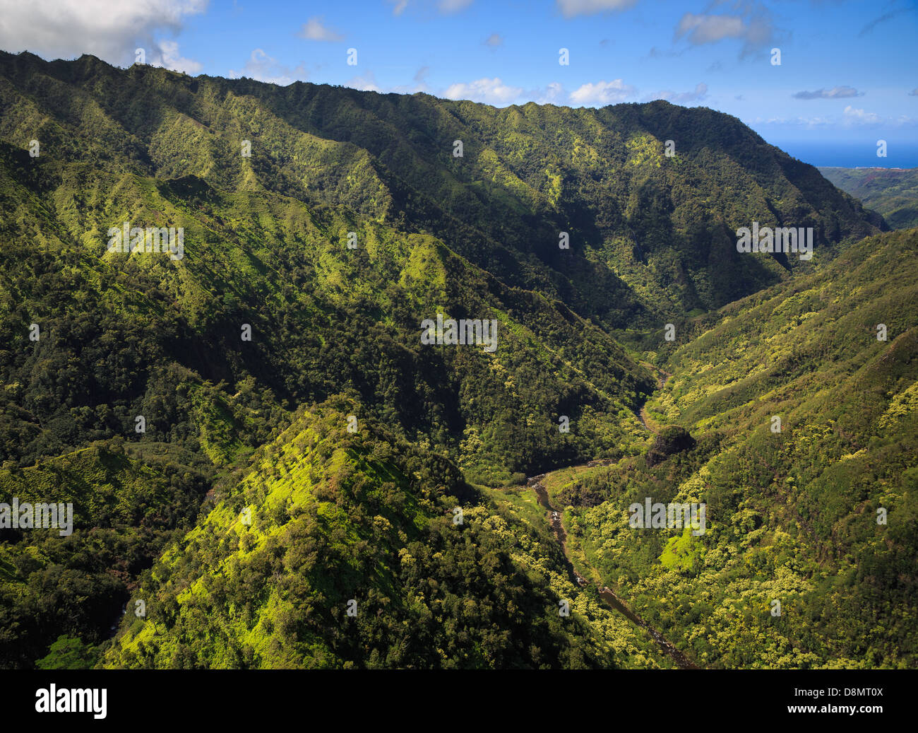 Beautiful Green Valley and Mountains from the air in Kauai Stock Photo ...