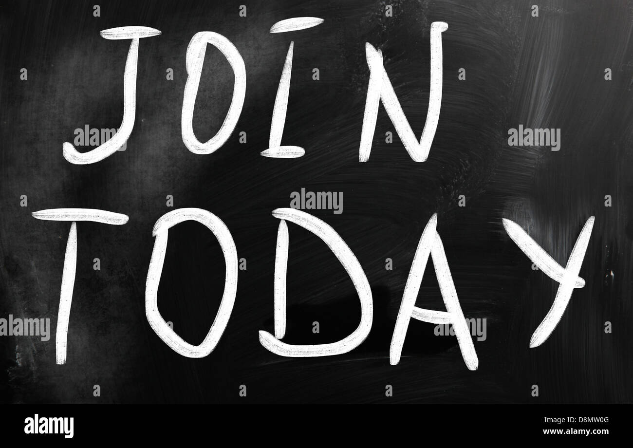 Join today handwritten with white chalk on a blackboard Stock Photo