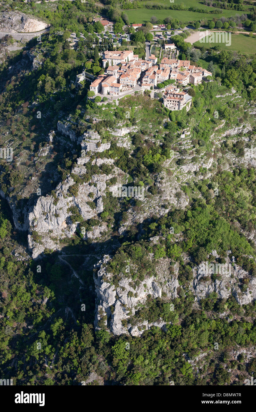 AERIAL VIEW. Perched medieval village. Gourdon, French Riviera's backcountry, France. Stock Photo
