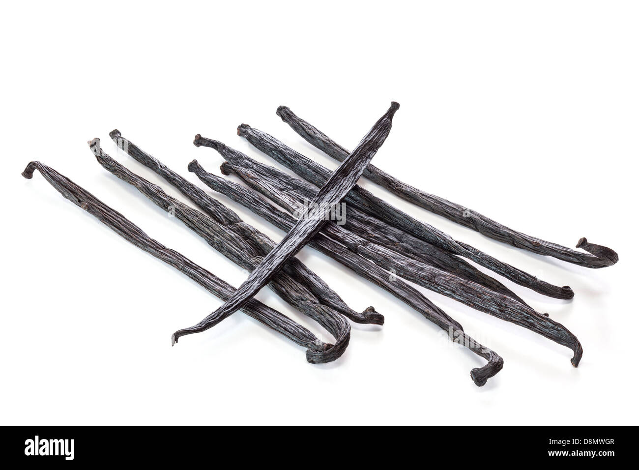 Vanilla beans on white background with soft shadow. Focus stack, in focus front to back. Stock Photo