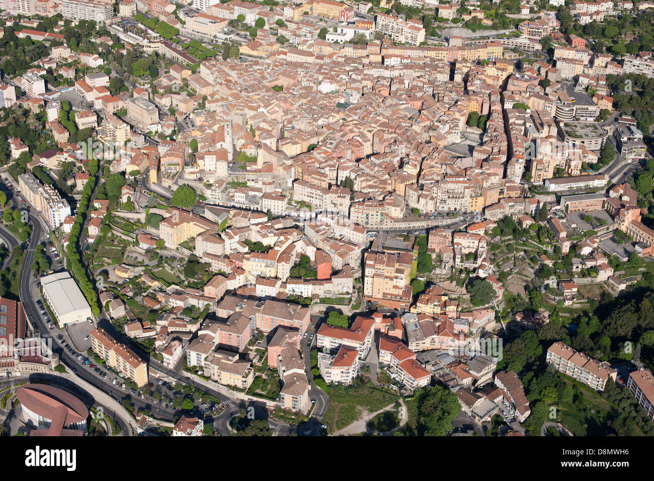 AERIAL VIEW. Hillside town of Grasse. French Riviera's backcountry, France. Stock Photo
