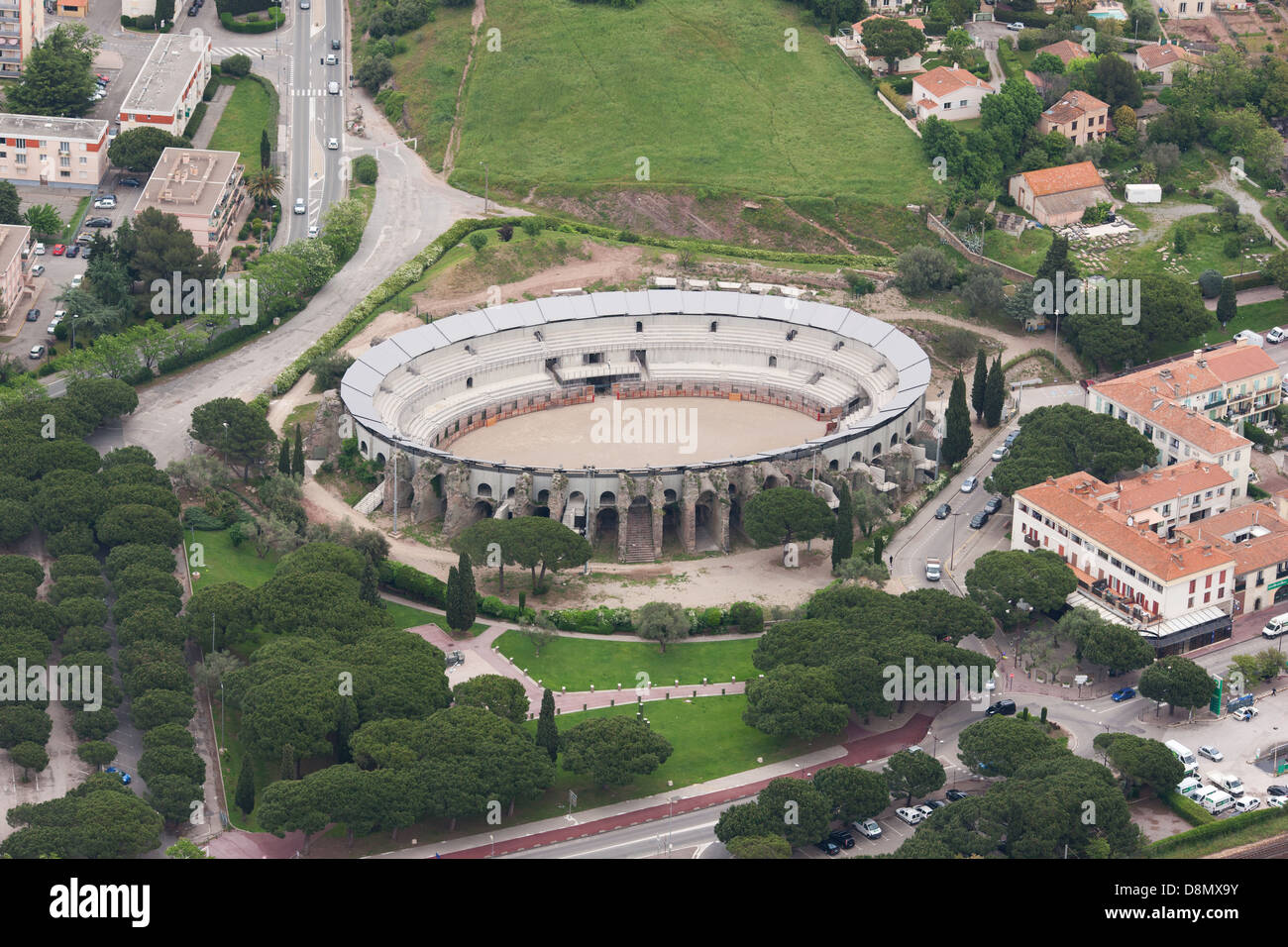 AERIAL VIEW. Roman amphitheater. Fréjus Saint-Raphaël, Var, French Riviera, France. Stock Photo