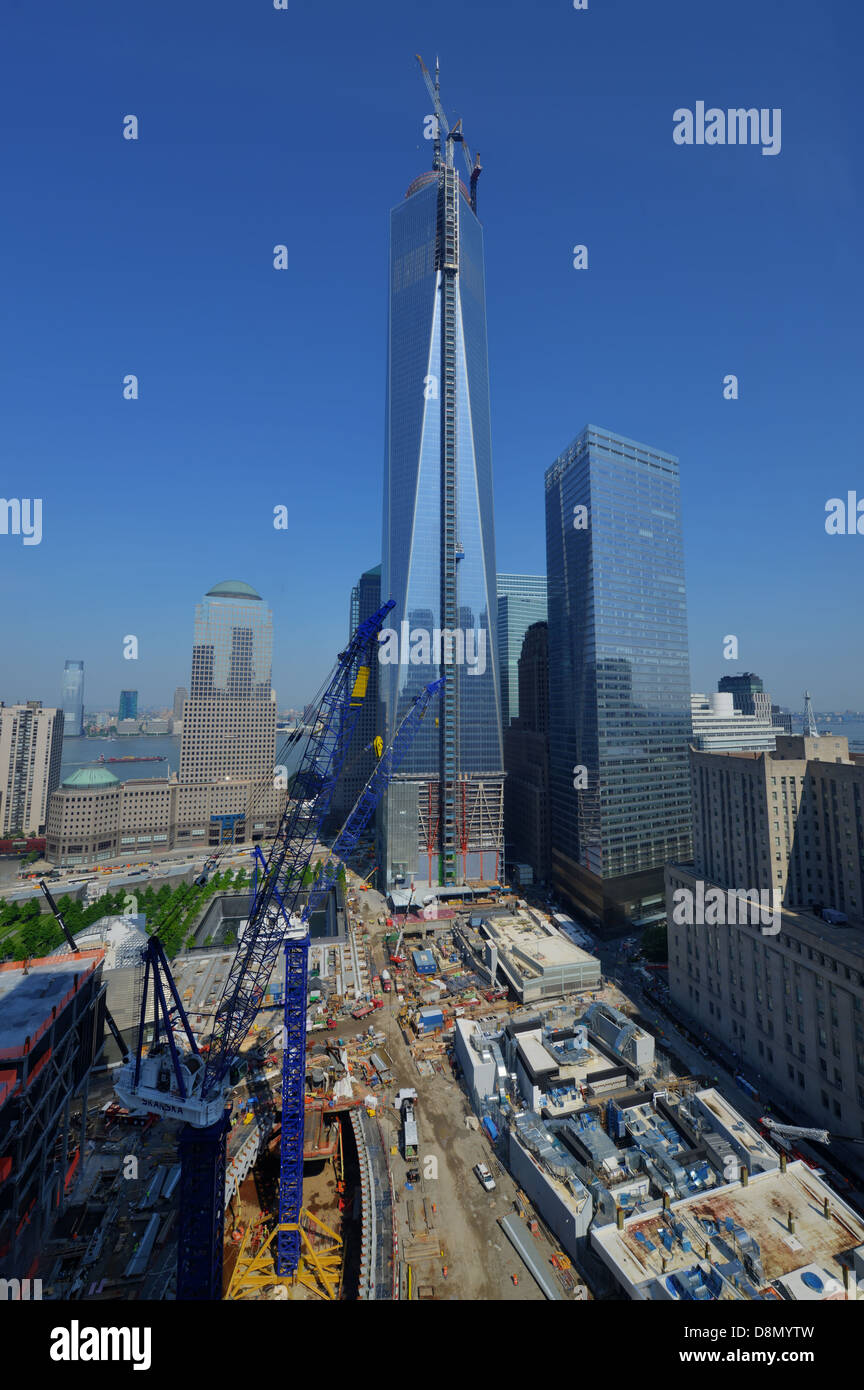Top of 1 World Trade Center under construction, with the newly attached spire reaching a full 1776 feet. Stock Photo