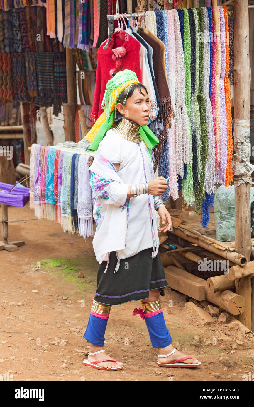 Karen Padong tribeswoman in a village near Chiang Rai, northern Thailand, a Burmese refugee from Myanmar Stock Photo