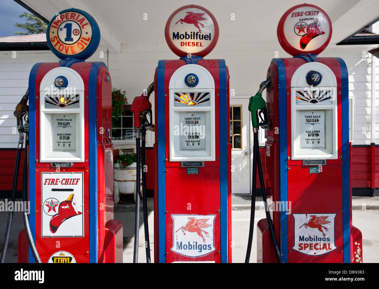 Old gas dispensers. Gustavus petrol station. Alaska. USA Stock Photo