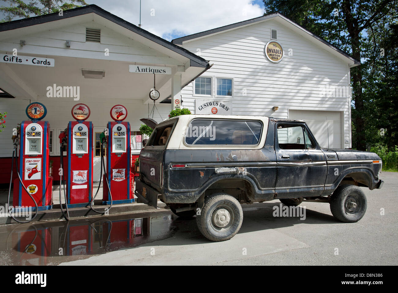 Old Ford truck and antique gas dispensers. Gustavus petrol station