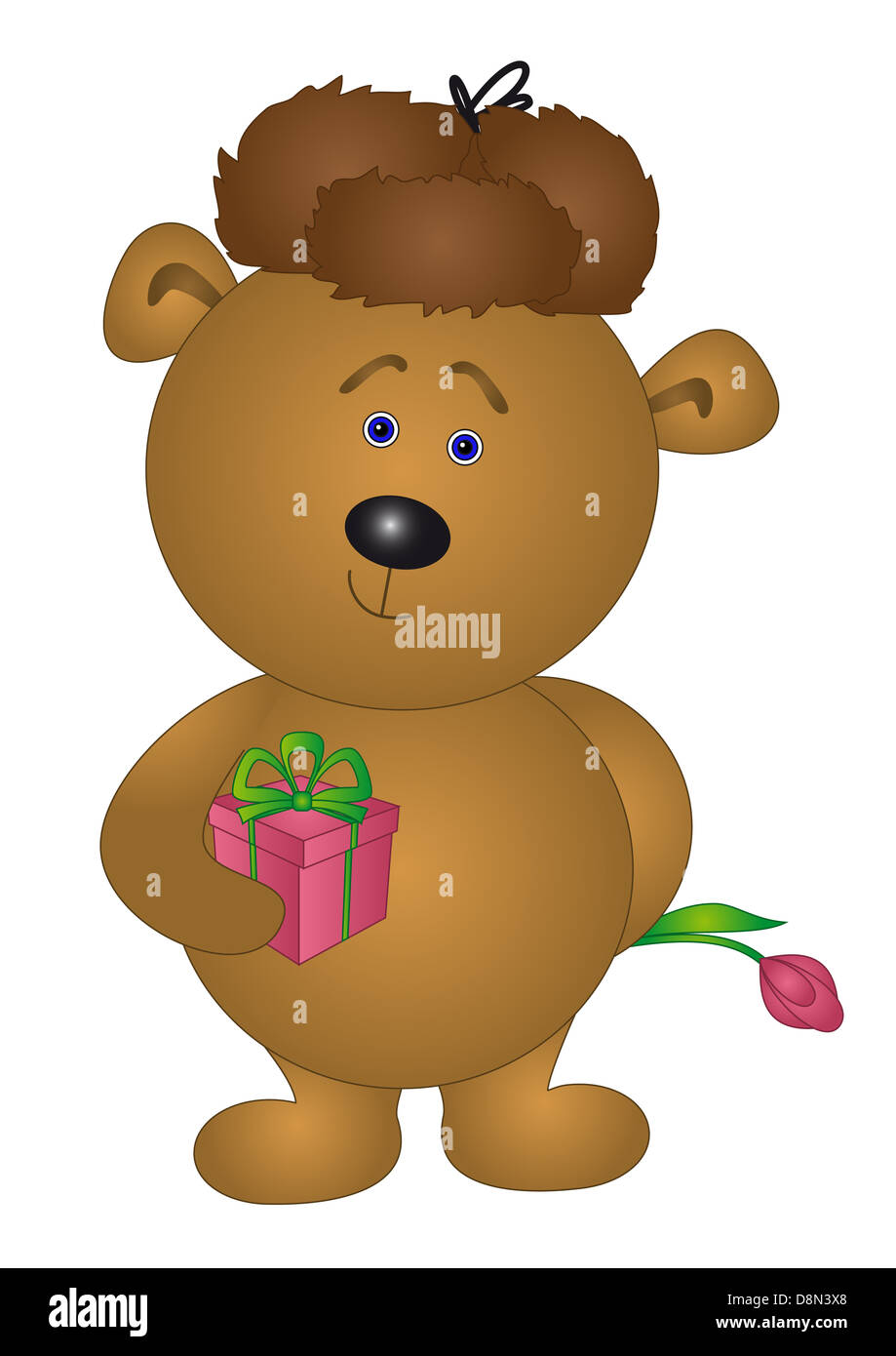 Teddy bear with gift box and flower Stock Photo - Alamy