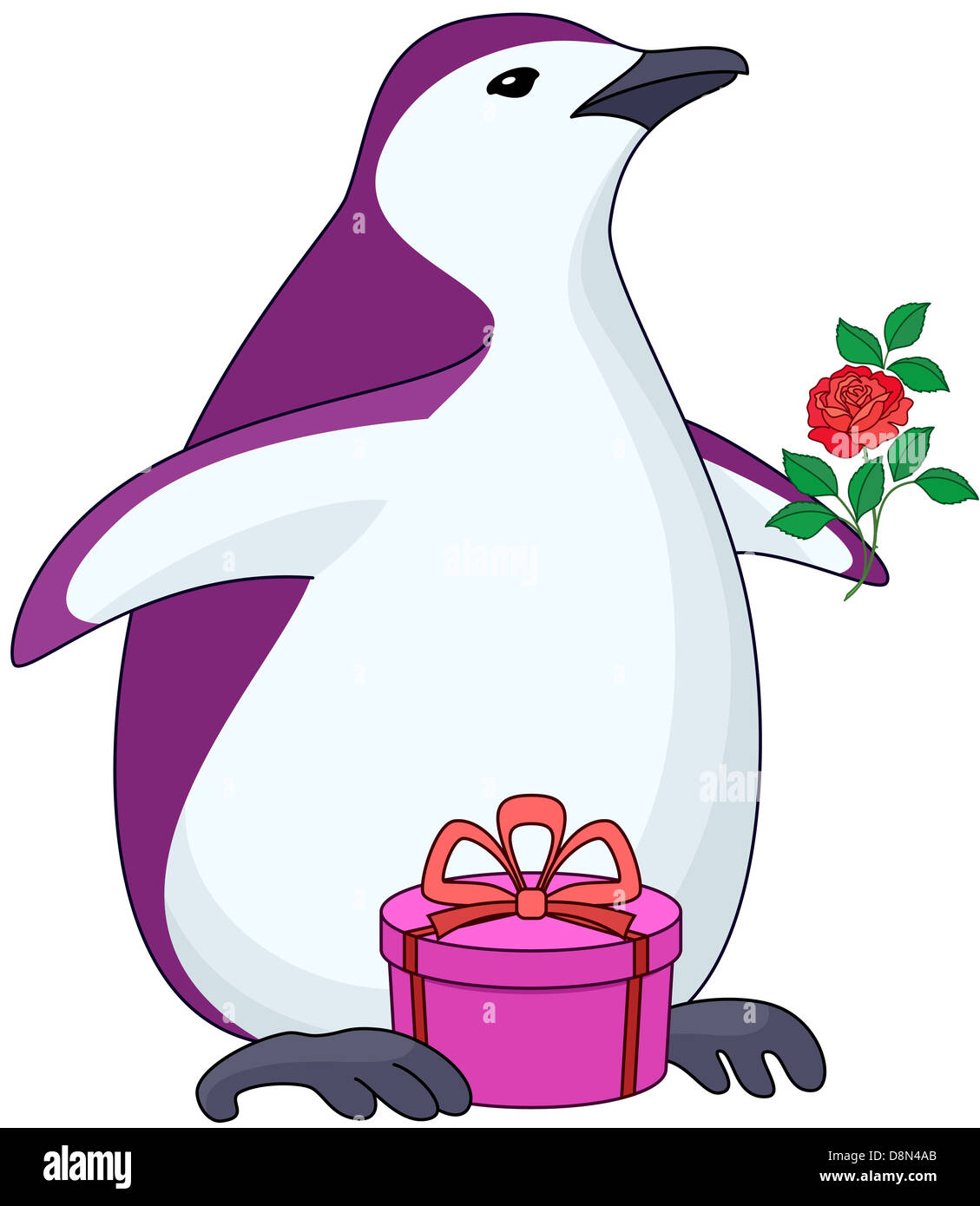 Penguin with gift and rose Stock Photo