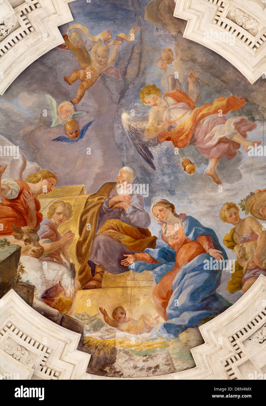 PALERMO - APRIL 8: Annunciation scene on ceiling of side nave in church La chiesa del Gesu or Casa Professa Stock Photo