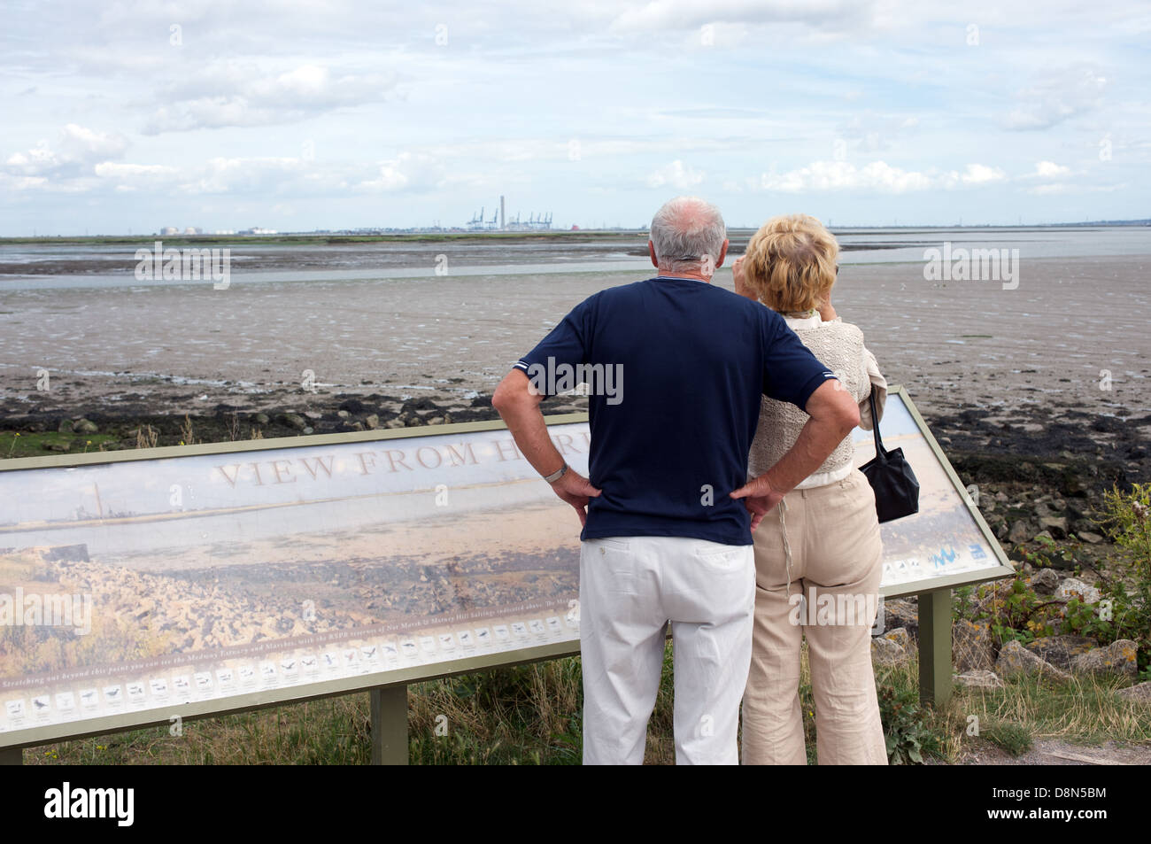 Visitors at the Medway Estuary viewing point in Kent, UK. Stock Photo