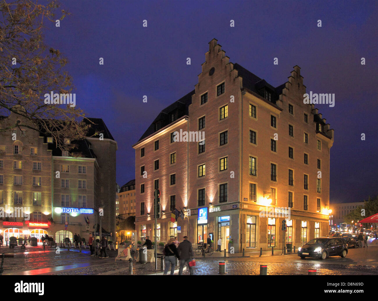 Belgium, Brussels, Marché aux Herbes, hotels, night, Stock Photo