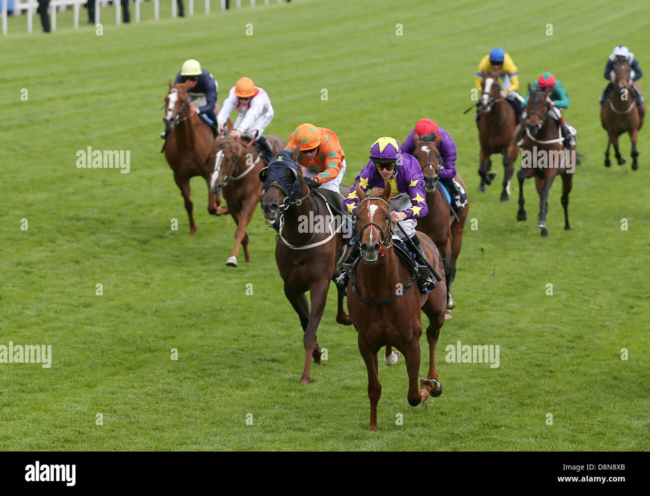 Epsom Downs, Surrey, UK. 1st June 2013.  Paska Boy ridden by Richard Kingscote wins in The Investec Out of the Ordinary Stakes on The Investec Derby Day from Epsom Racecourse. Credit:  Action Plus Sports Images/Alamy Live News Stock Photo