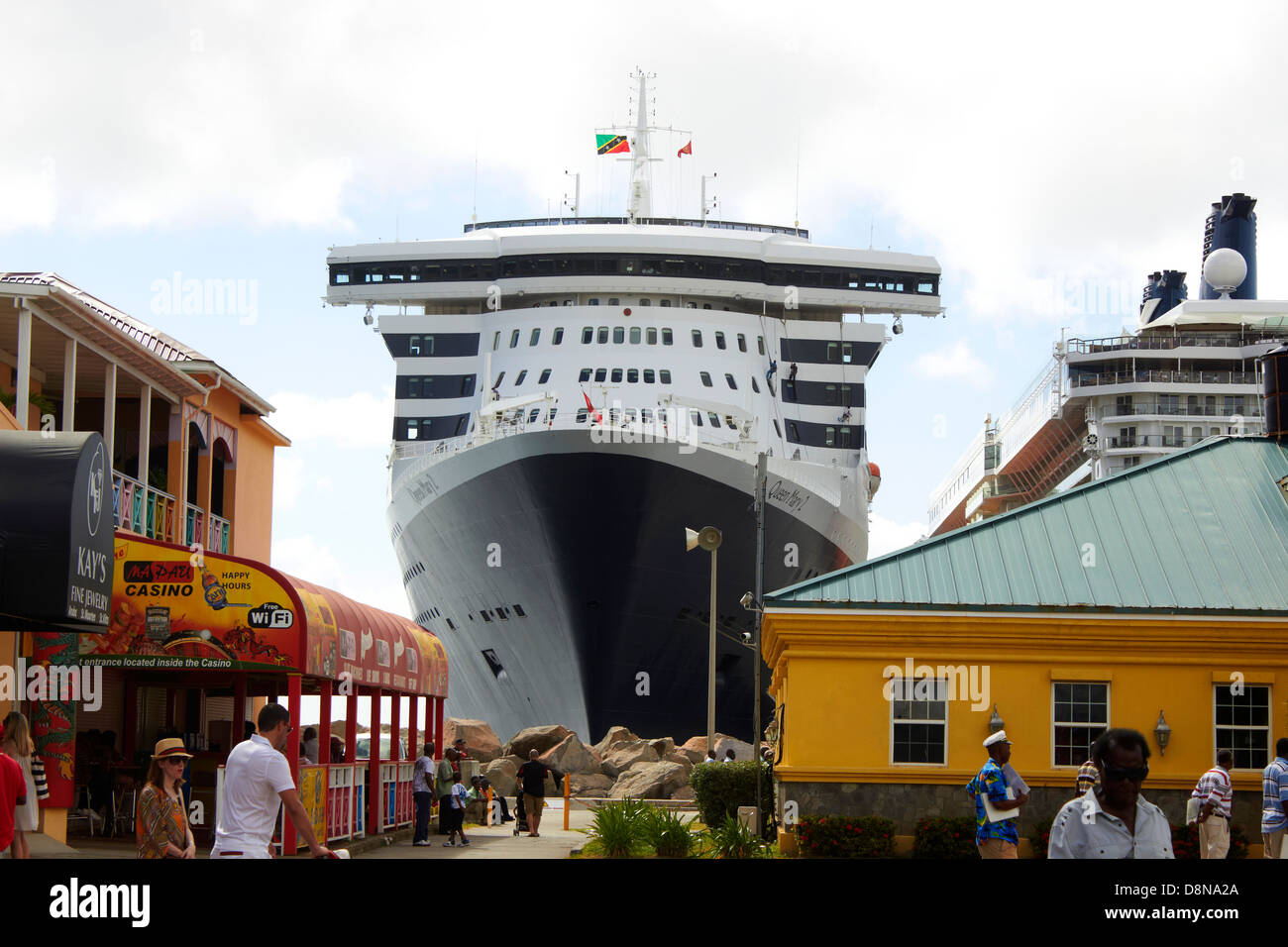 Cunard Queen Mary 2 docked at the Caribbean island of Saint Kitts and Nevis island in the West Indies Stock Photo