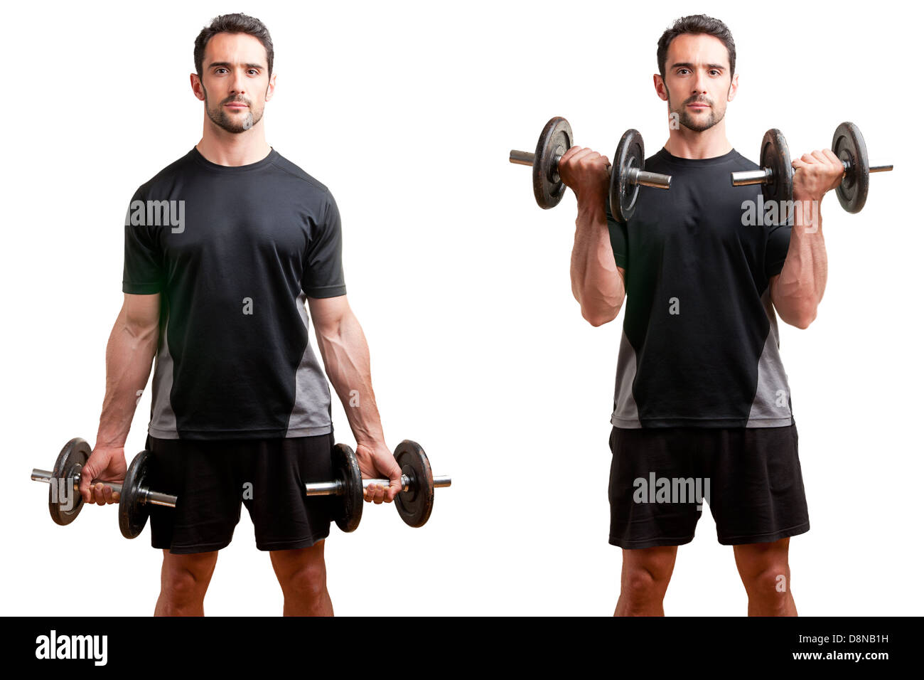 Personal Trainer doing standing dumbbell curls for training his biceps, isolated in white Stock Photo