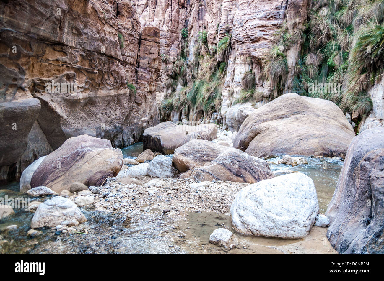 Landscape of flowing water of creek in Wadi Hasa, Jordan Stock Photo