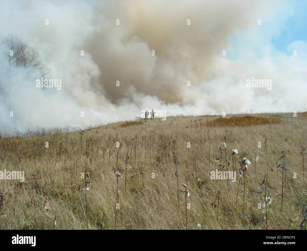 Two firefighters are pictured at the top of a hill, working to control ...