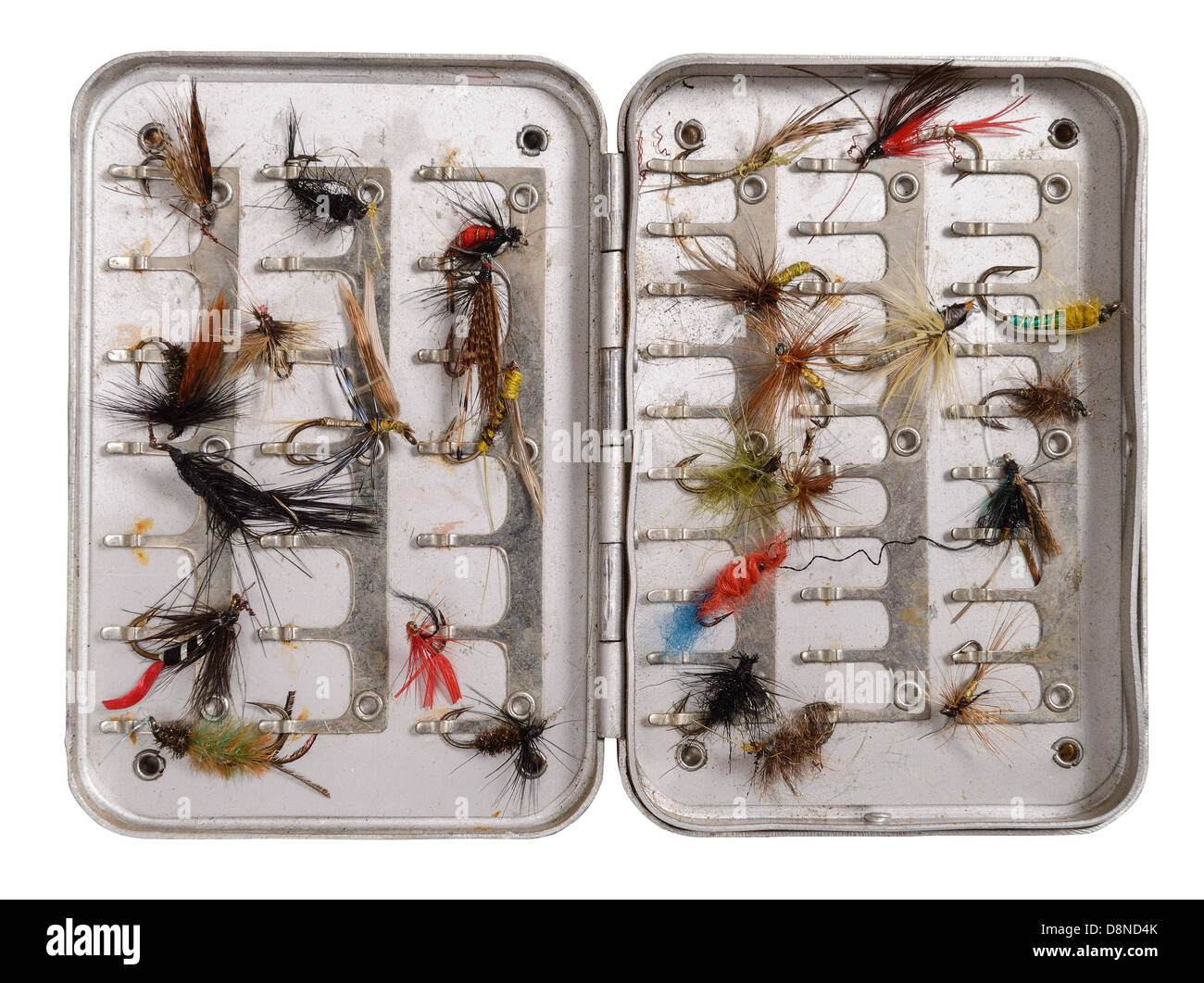 Tin of fly fishing flies Stock Photo