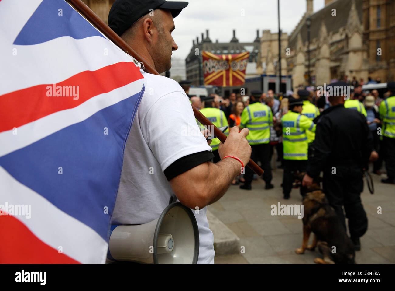London, UK. 1st June 2013. Rally at Westminster against the BNP national party by anti fascist campaigners. BNP supporters waiting to start marching. Credit:  Lydia Pagoni/Alamy Live News Stock Photo