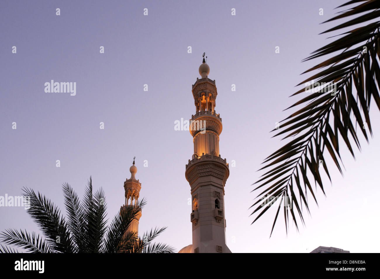 Minaret of a mosque in the evening, Al Qasba, Sharjah Emirate, UAE Stock Photo