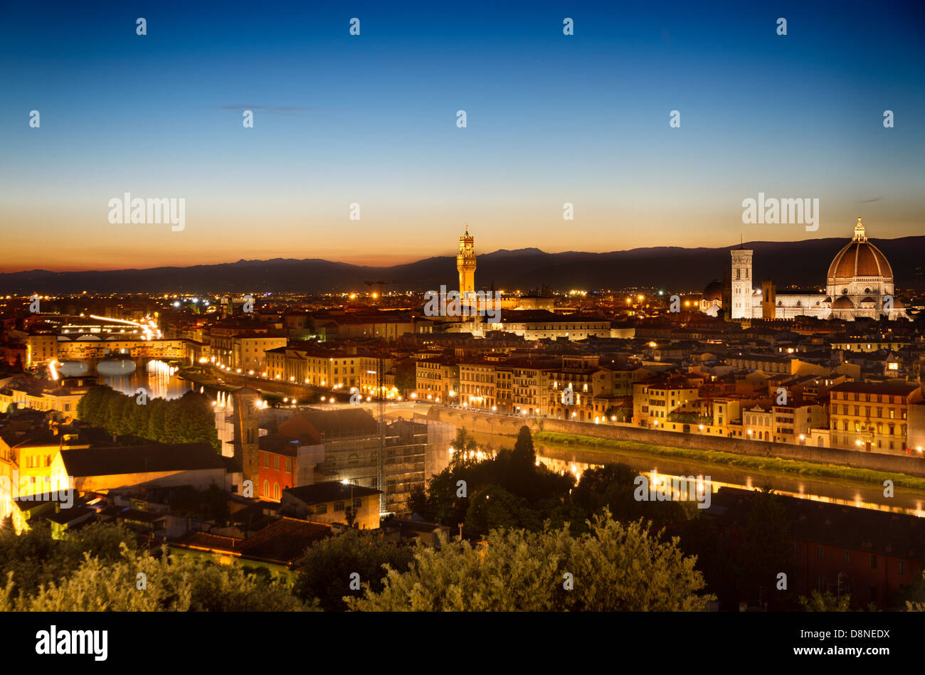 Florence, Arno River and Ponte Vecchio at dawn, Italy Stock Photo